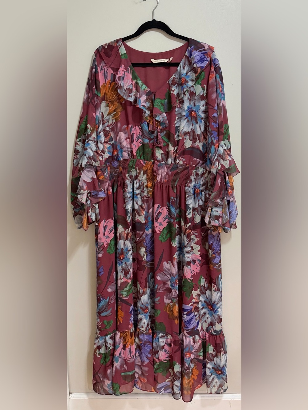 Soft Surroundings Floral Ruffle Midi Dress Maroon Burgundy Plus Size 3X